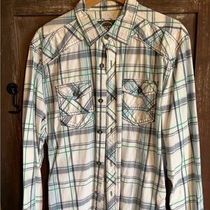 BKE Men's Casual Plaid Shirt - White, Green, and Blue